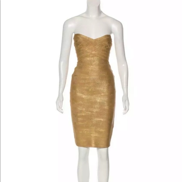 herve leger gold foil bandage dress